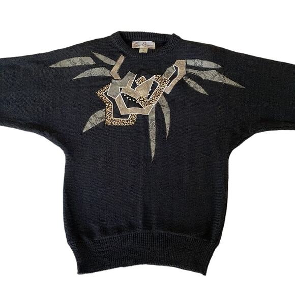 Eddie Dassin 80s Black Knit Animal Print Stud Appliqué Sweater Shoulder Pads M - Picture 5 of 10
